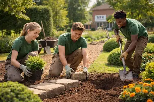 trois jeunes jardiniers paysagistes travaillent dans un jard